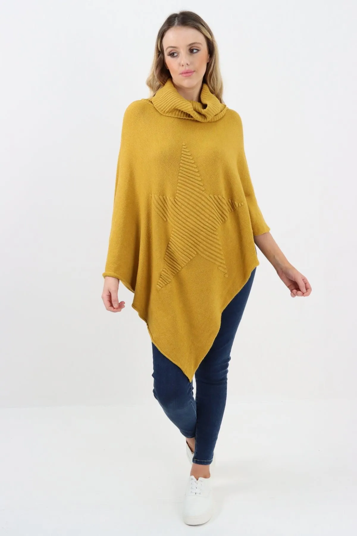 Made In Italy Star Ribbed Cowl Neck Poncho Top