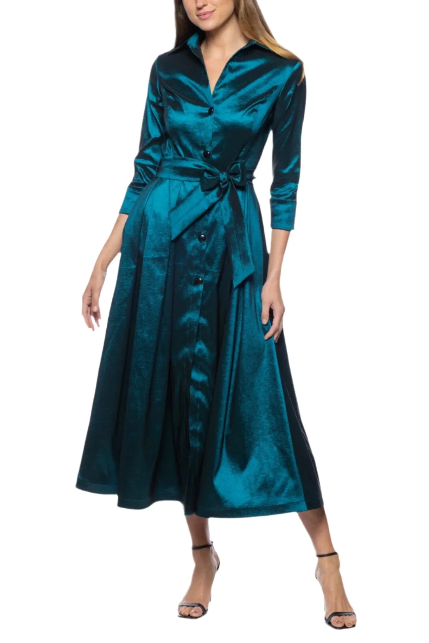 Marina 3/4 Sleeve Point Collar Neck Tie Waist Taffeta Midi A-LIne Dress - Wholesale