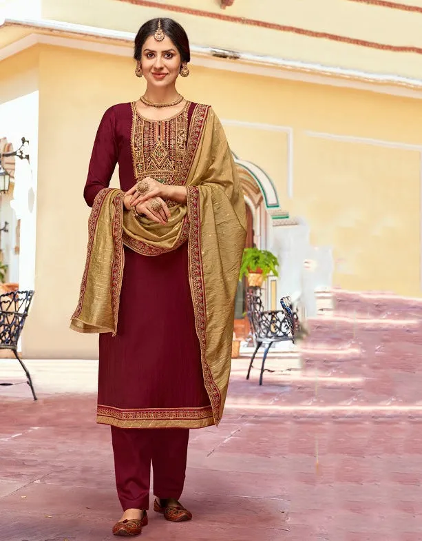 Maroon Pant Style Silk Zari Suit Material With Embroidery Work