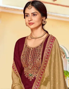 Maroon Pant Style Silk Zari Suit Material With Embroidery Work