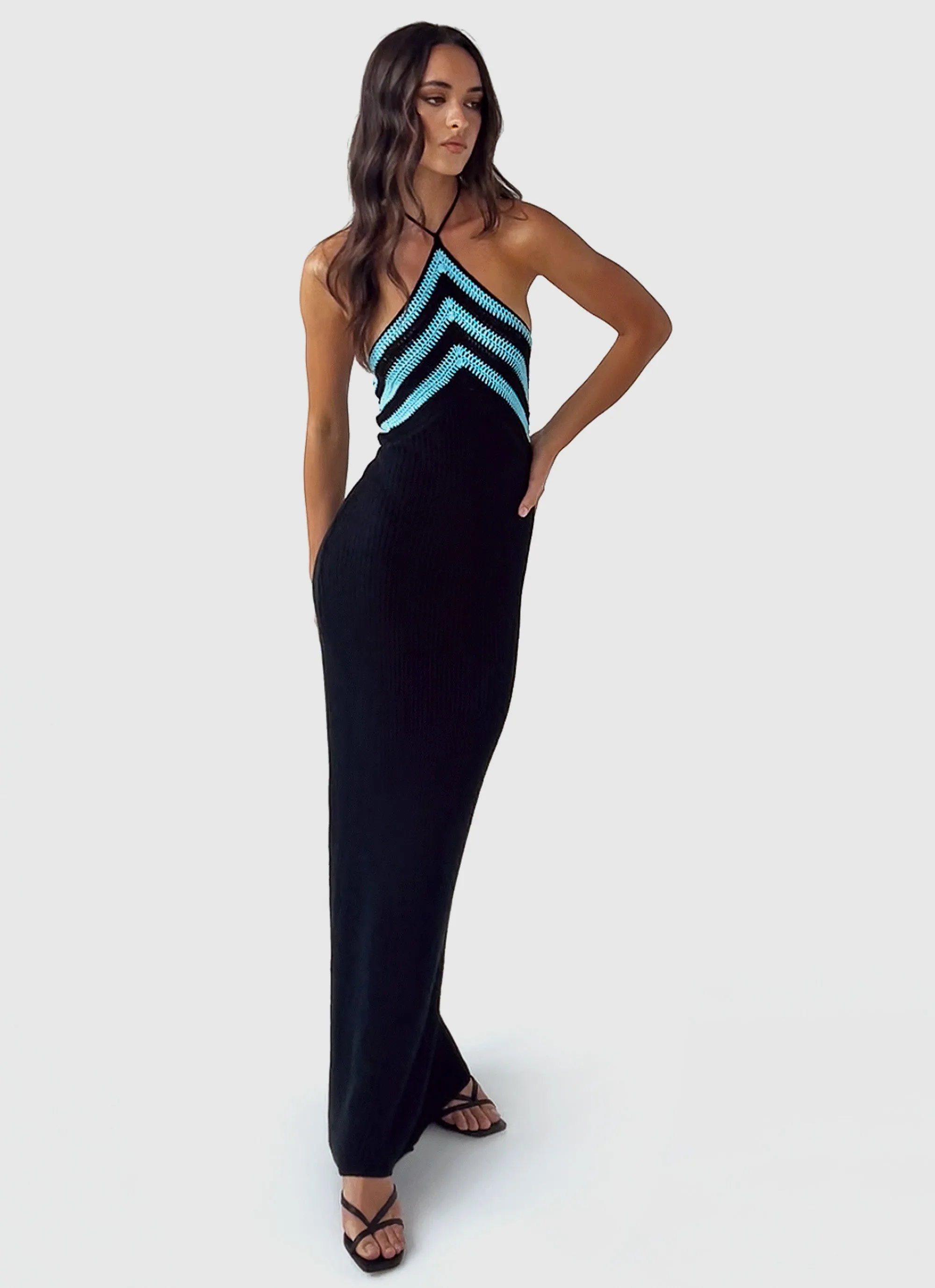 Masterpiece Halterneck Crochet Maxi Dress - Azure Stripe