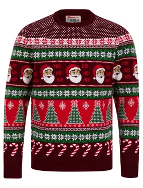 Men's Abie Wrapping Paper Pattern Novelty Knitted Christmas Jumper in Claret - Merry Christmas