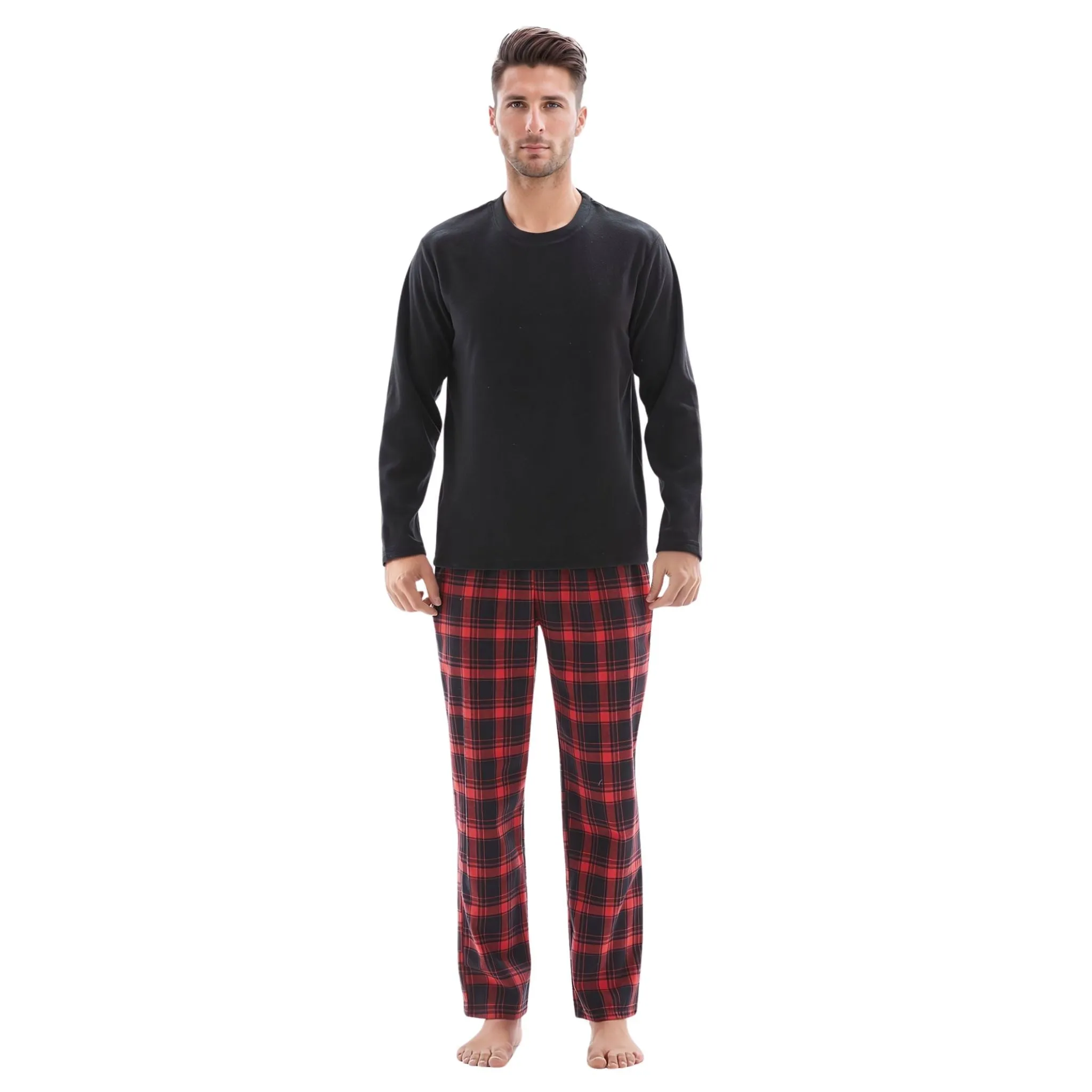 Men's Loungewear Sets Fleece top, 100% Cotton Bottoms Red-Black