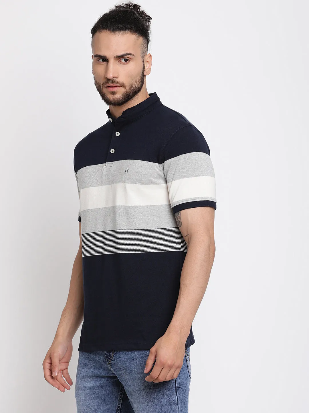 Men's Navy Blue Stripe Mandarin neck Half Sleeve T-Shirt