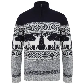 Mens Nordic Pattern Christmas Jumper Fairisle Reindeer 1/4 Zip