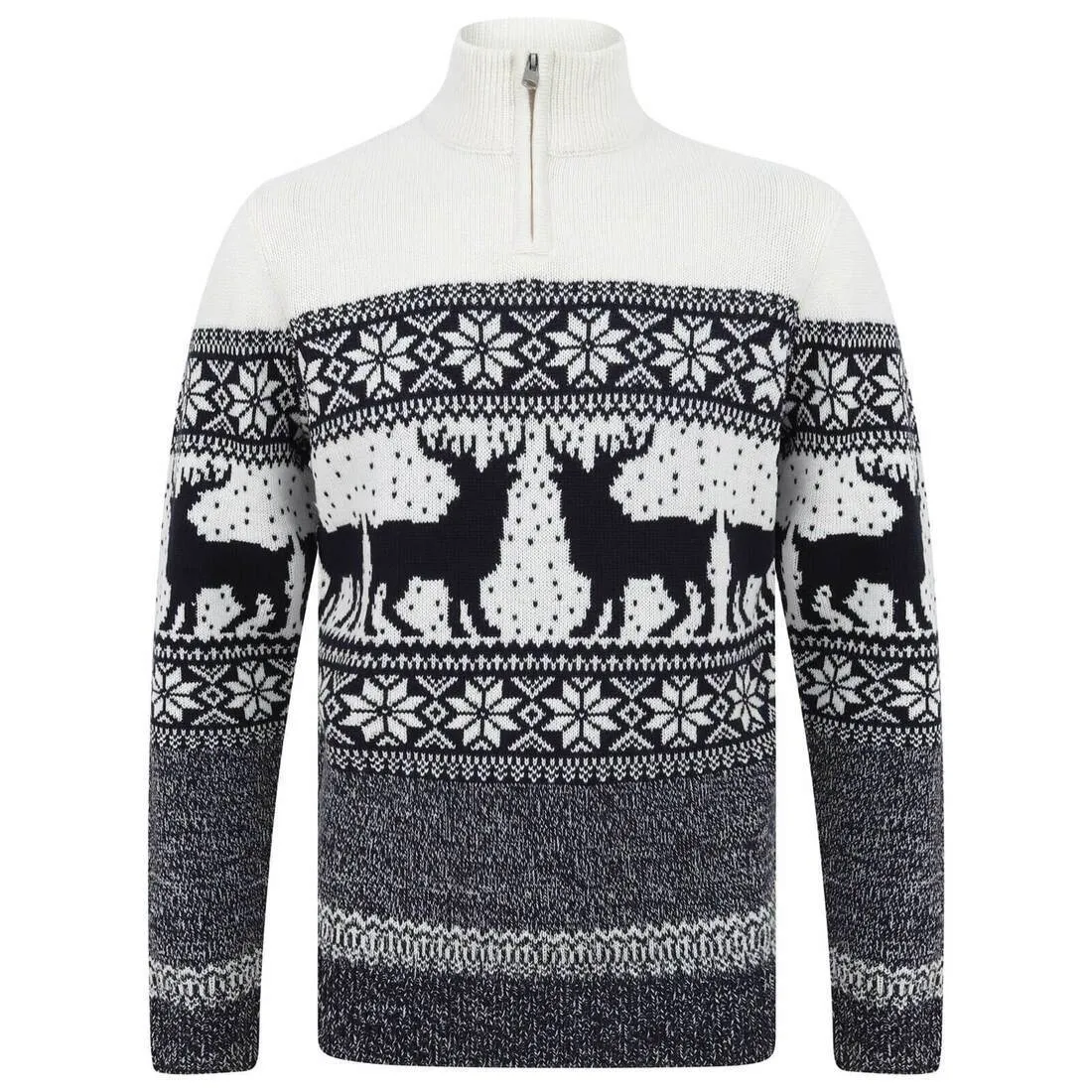 Mens Nordic Pattern Christmas Jumper Fairisle Reindeer 1/4 Zip