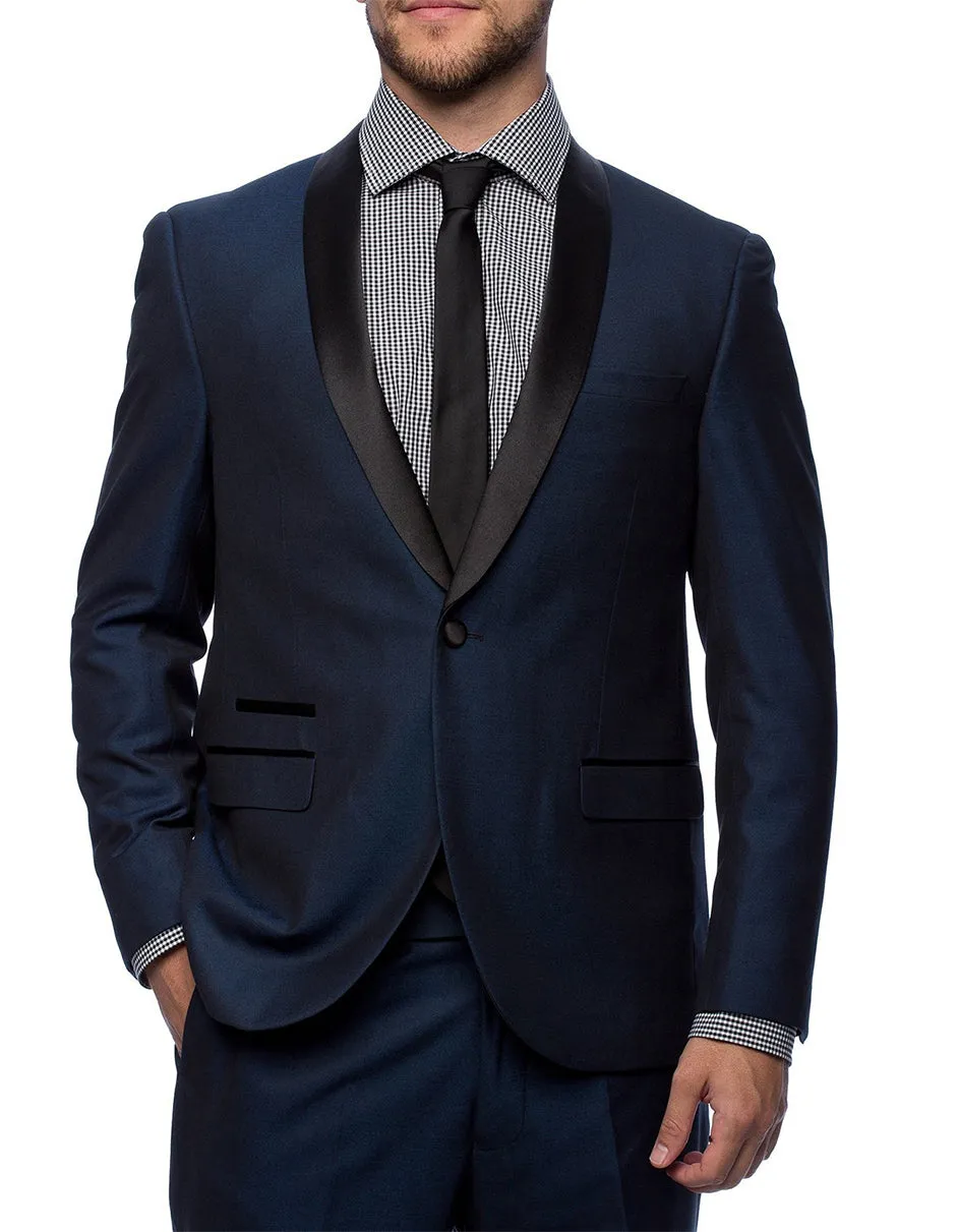 Mens Slim Fit 1 Button Shawl Lapel Tuxedo in Navy Blue