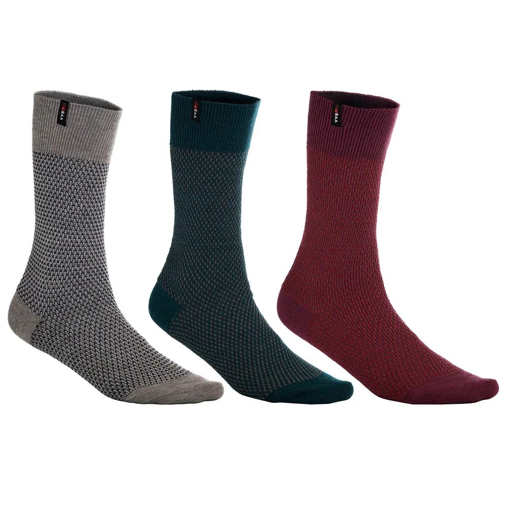 Merino Blend Moss Stitch Socks (3 Pack - Wine/Charcoal/Petrol)