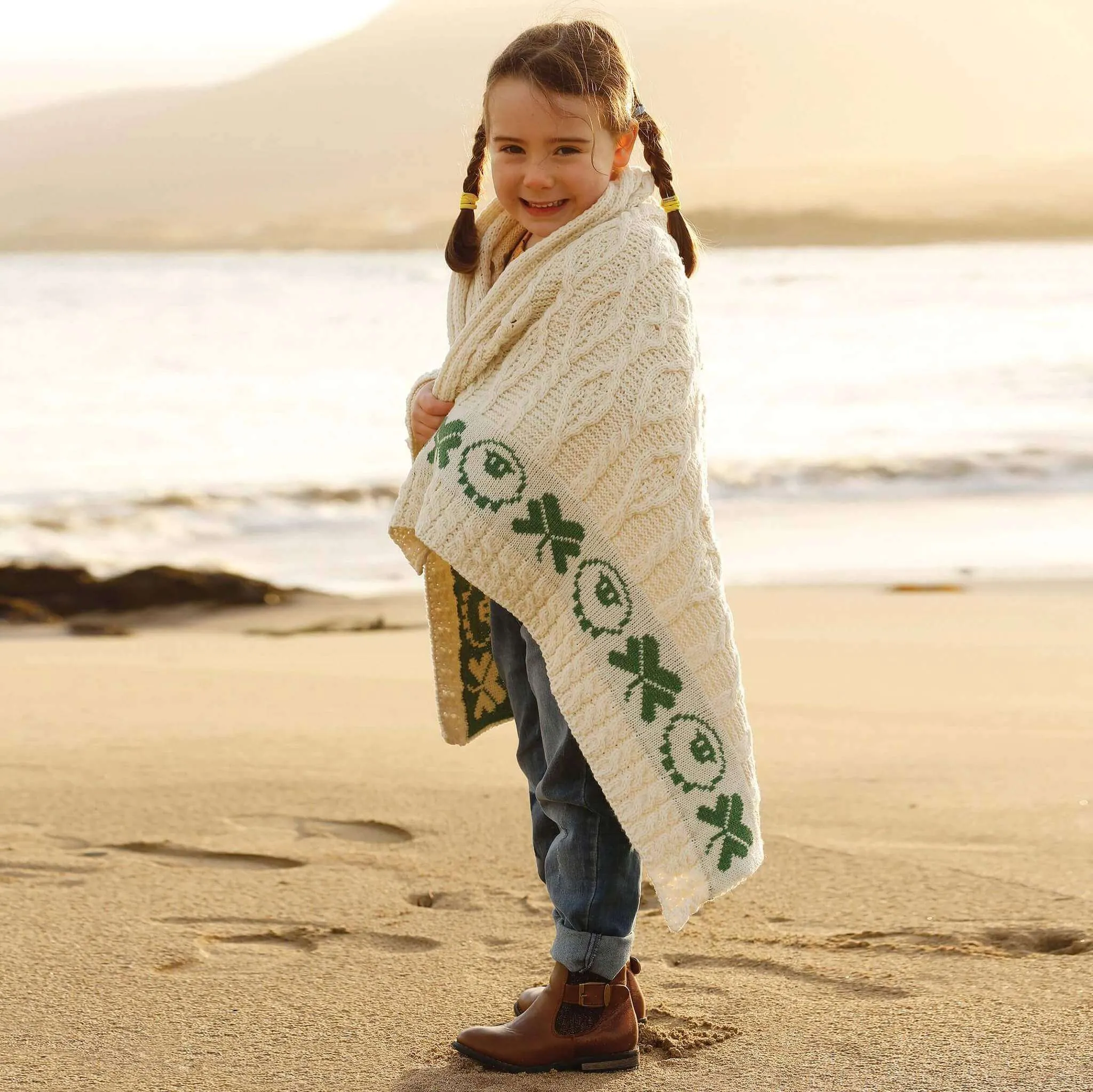 Merino Knit Irish Baby Blanket with Shamrock Design