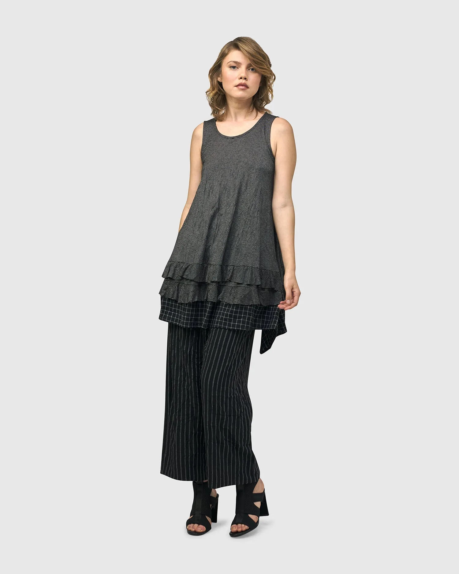 Mixed Media Triple Ruffle Striped Sleeveless Top