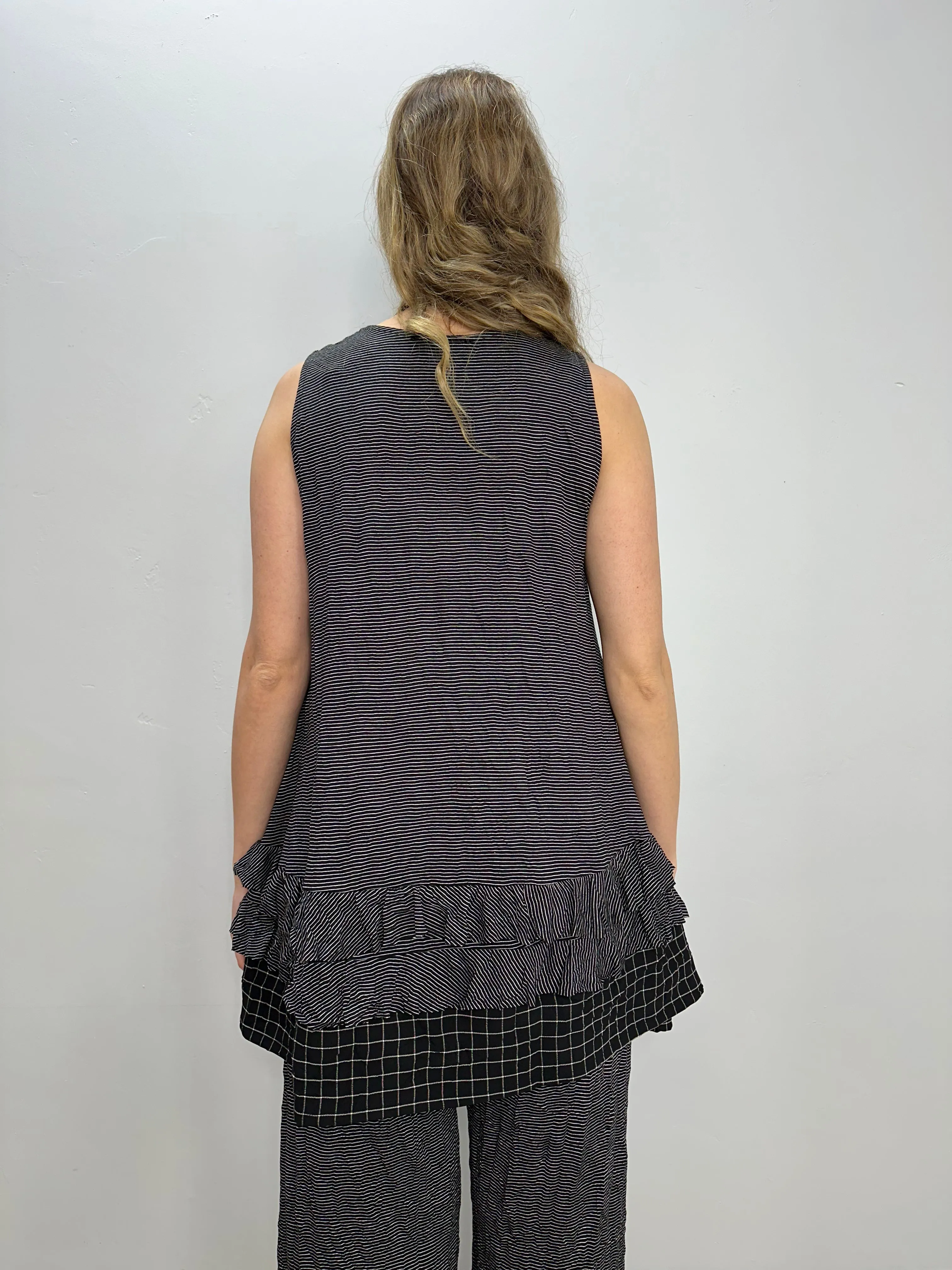 Mixed Media Triple Ruffle Striped Sleeveless Top