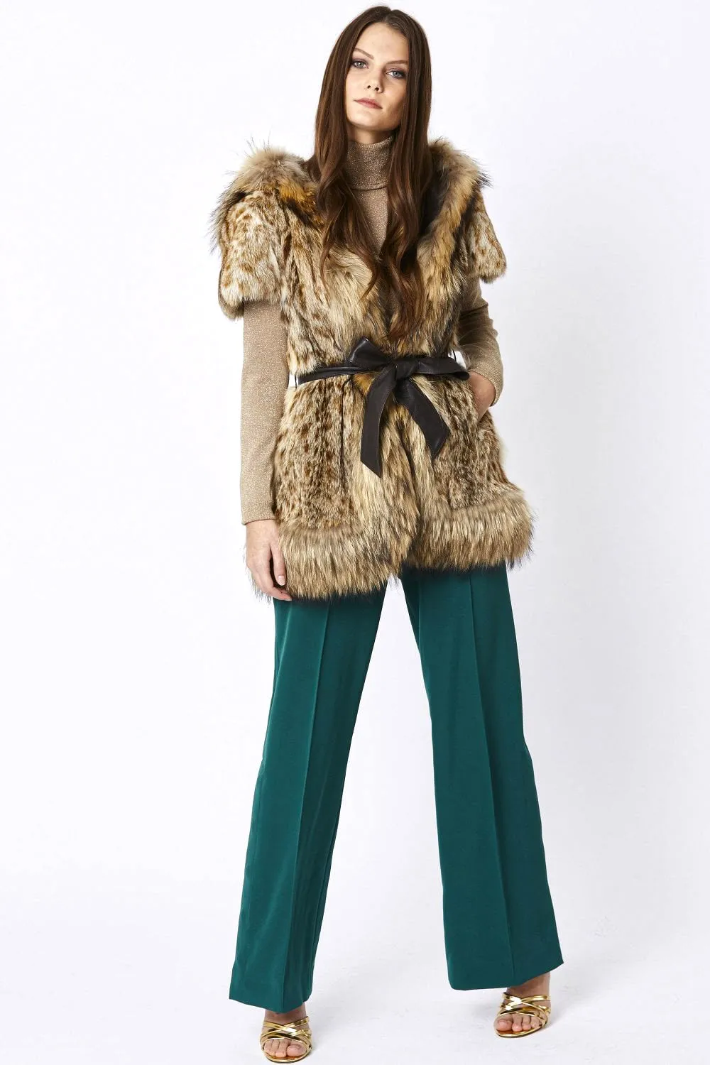 Mocha Leopard Print Hand-painted Hooded Fox & Coney Fur Coat