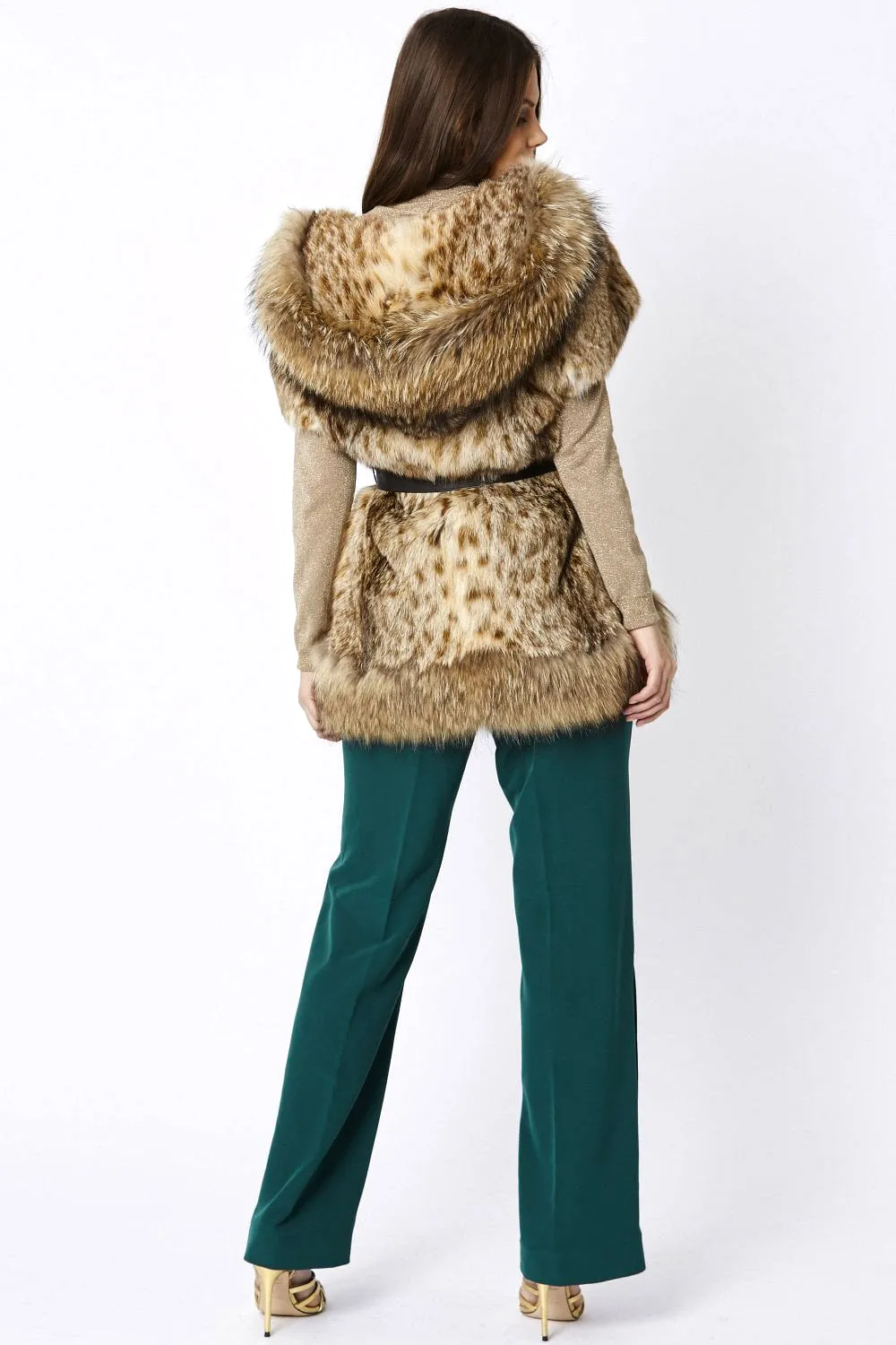 Mocha Leopard Print Hand-painted Hooded Fox & Coney Fur Coat