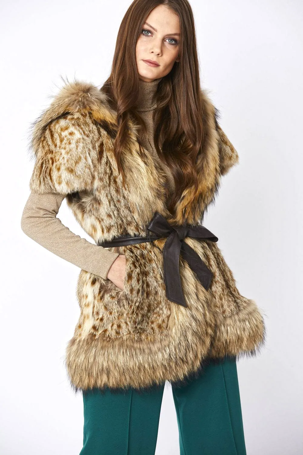 Mocha Leopard Print Hand-painted Hooded Fox & Coney Fur Coat