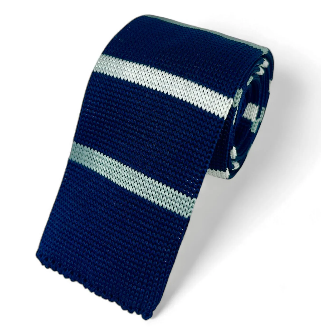 Navy and White Striped Knit Tie by Paul Malone