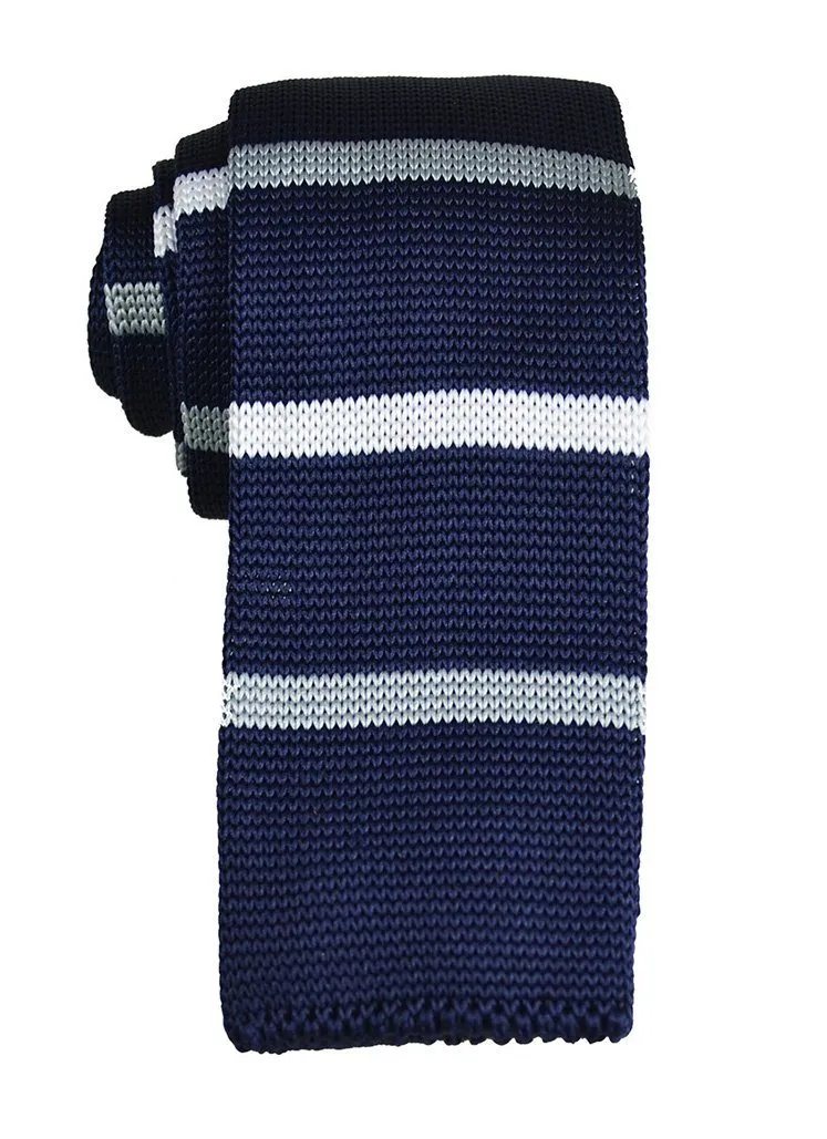 Navy and White Striped Knit Tie by Paul Malone