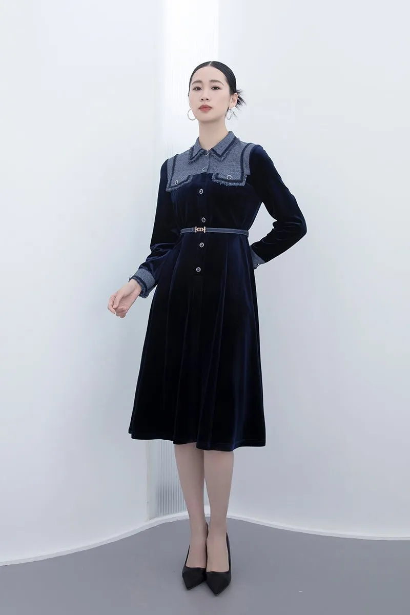 Navy Blue Velvet Slim Midi Dresses