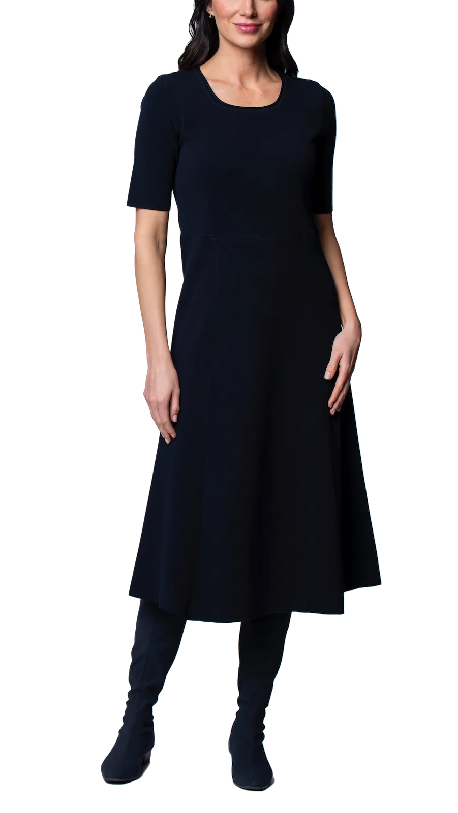 Nora Milano Knit Short Sleeved Fit-And-Flare Midi Dress - Dark Navy