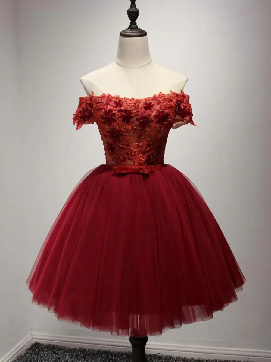 Off Shoulder Short Sleeve Red Lace Homecoming Prom Dresses Affordable Short Party Corset Back Prom Dresses Perfect Homecoming Dresses B0525