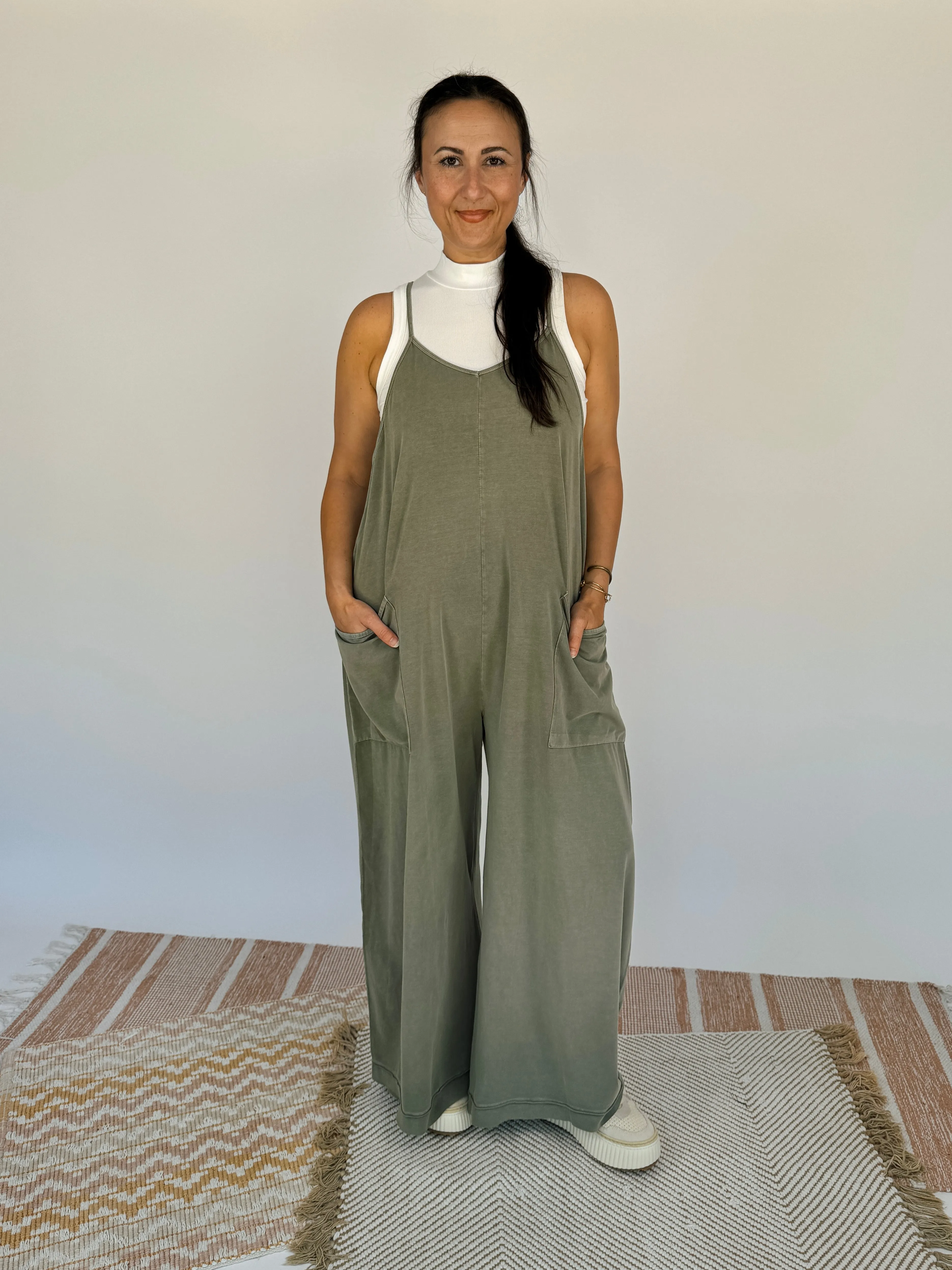 Olive Wide Leg Mineral Washed Jumper