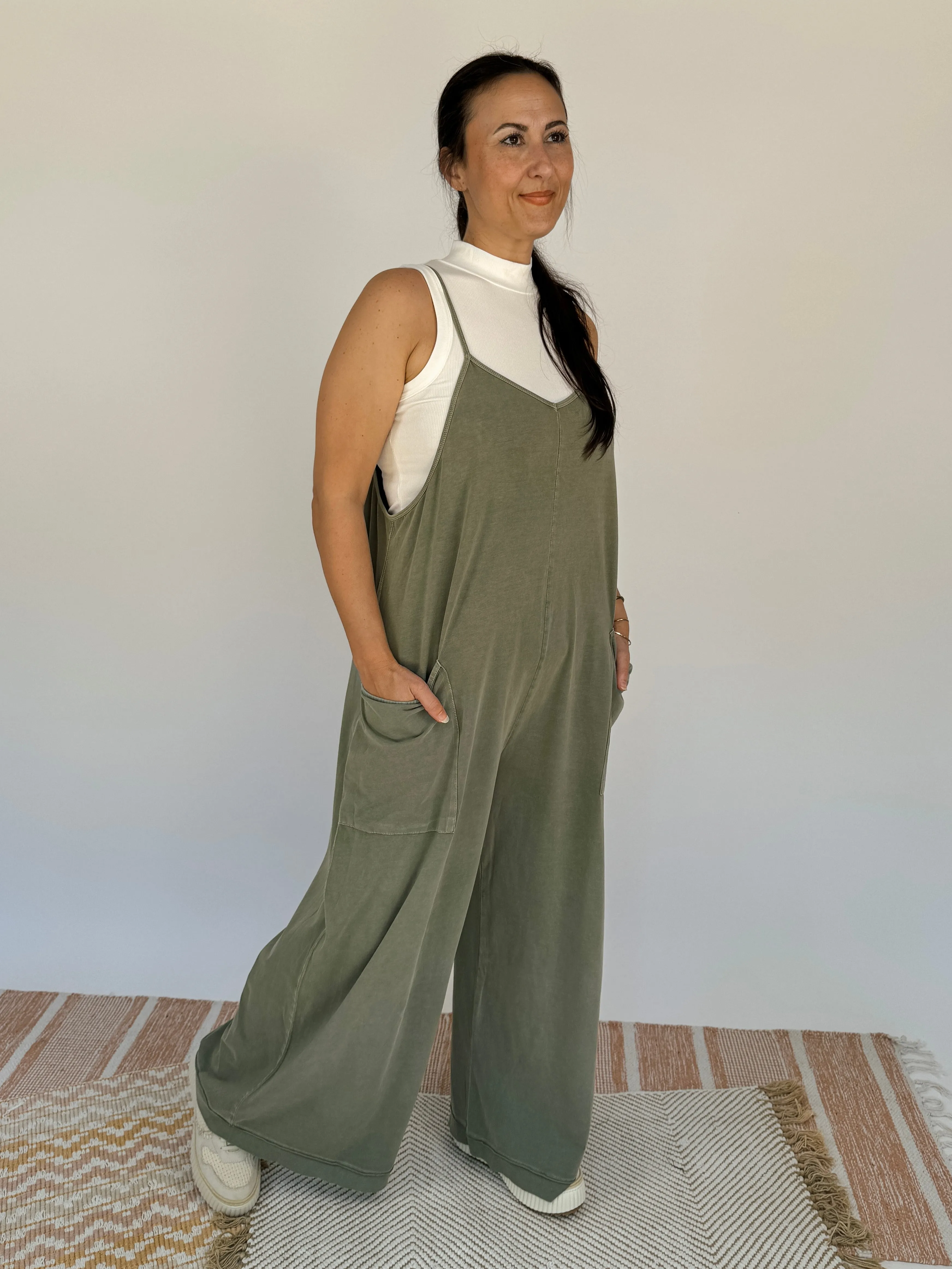 Olive Wide Leg Mineral Washed Jumper