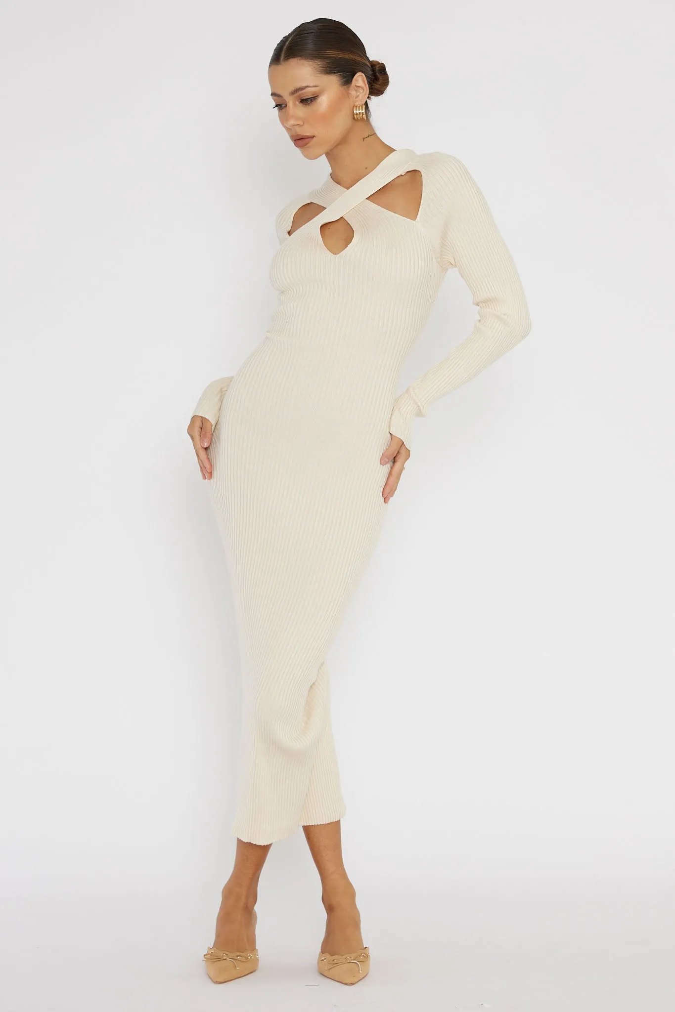 One Mind Cut-Out Neckline Knit Midi Dress Cream