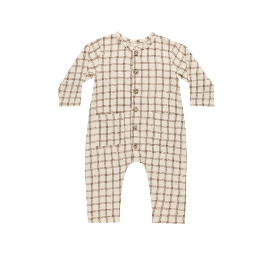 Organic Pocketed Woven Jumpsuit in Cinnamon Plaid | Quincy Mae