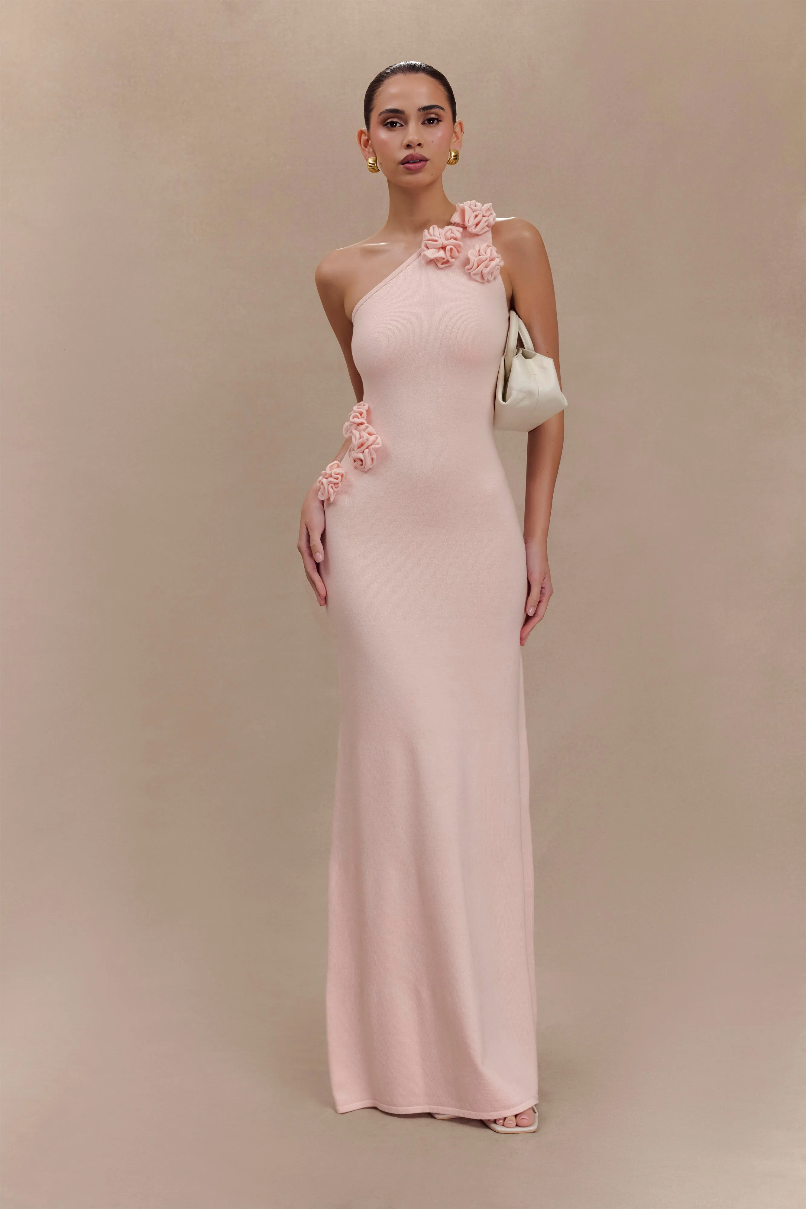 Paloma One Shoulder Knit Maxi Dress With Flowers - Baby Pink