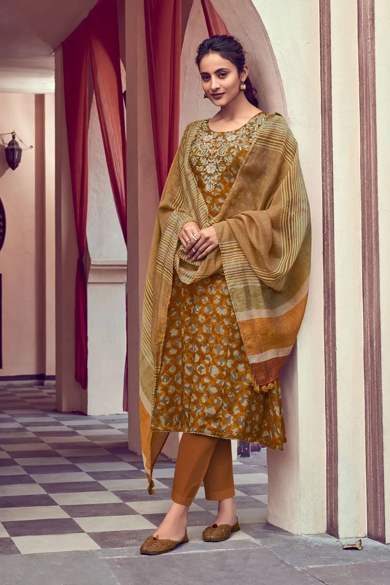 Party Wear Brown Unstitched Silk salwar suit Material with Embroidery