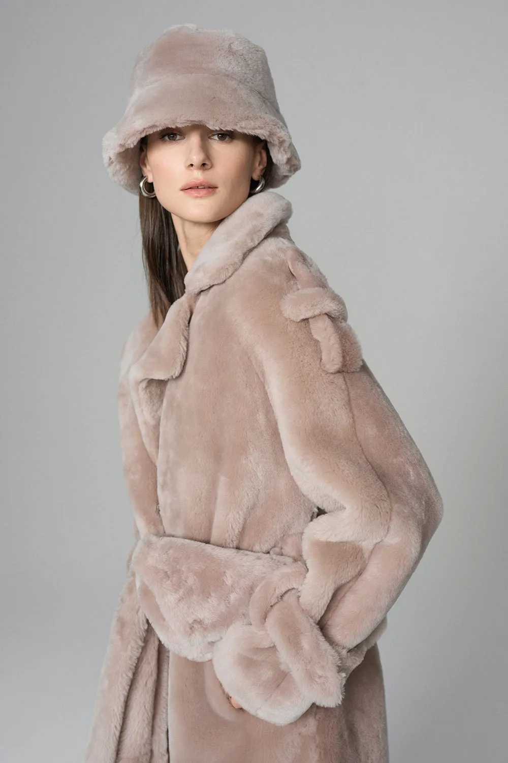 Pink Genuine Lamb Fur Overcoat with Fanny Pack