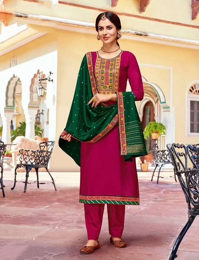 Pink Pant Style Silk Zari Suit Material With Embroidery Work