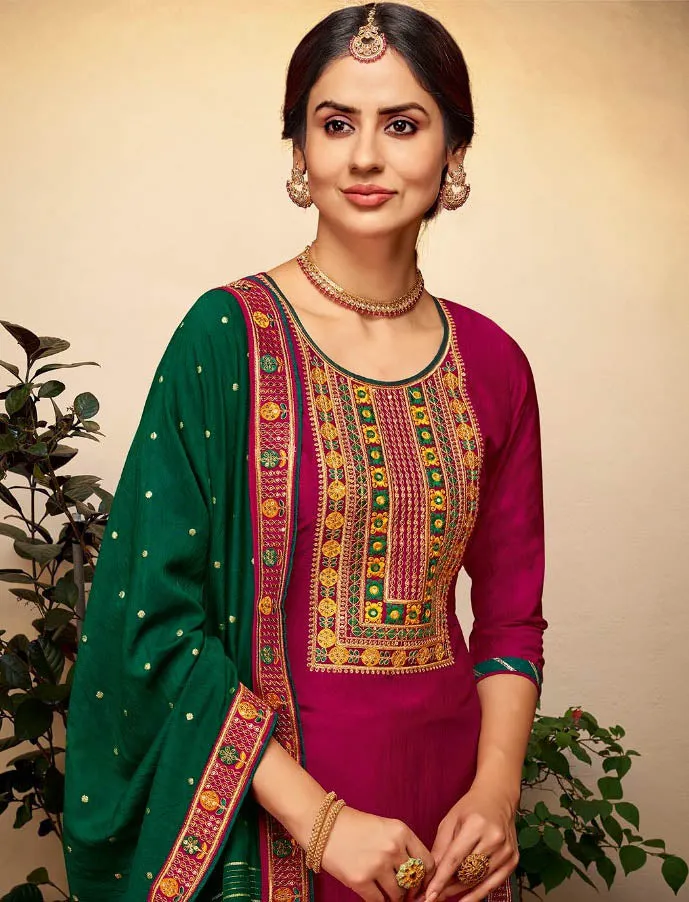 Pink Pant Style Silk Zari Suit Material With Embroidery Work