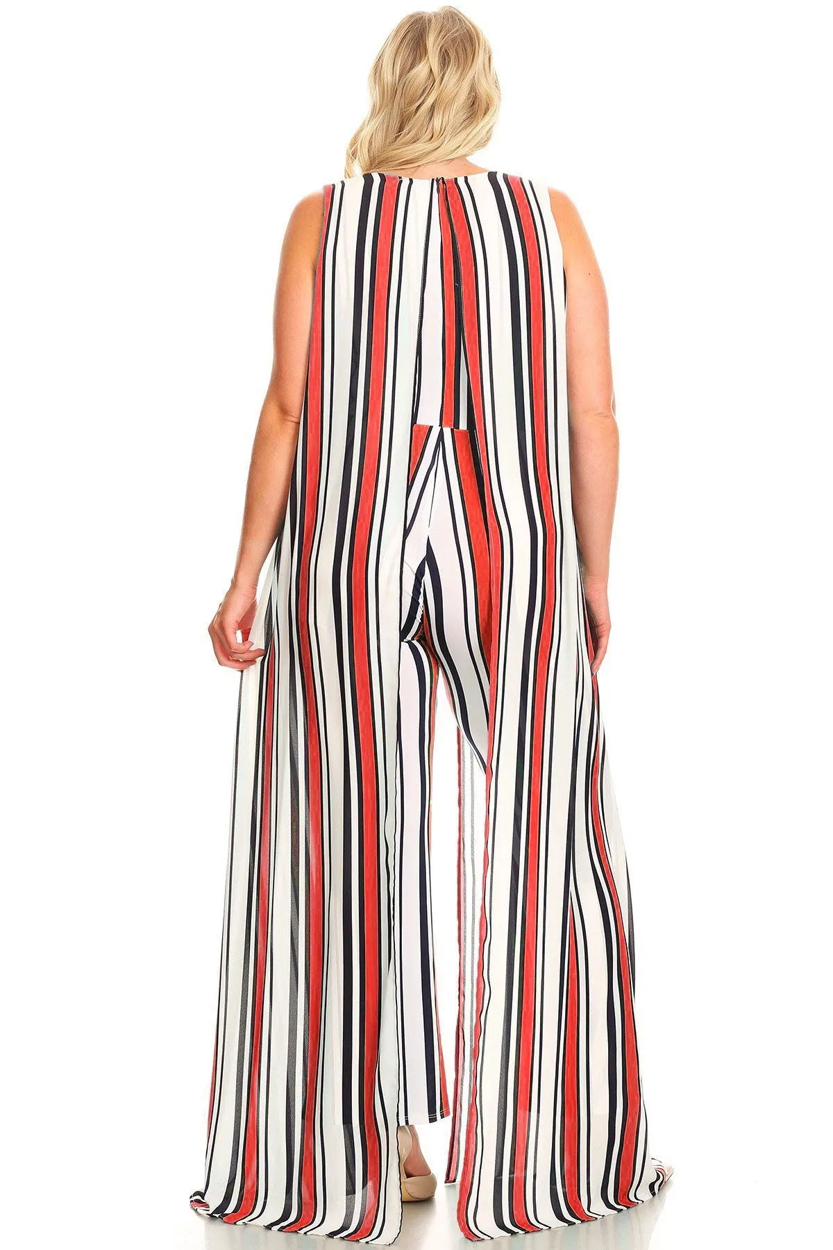 Plus Size Stripe Print Sleeveless Split Layer Caped Jumpsuit