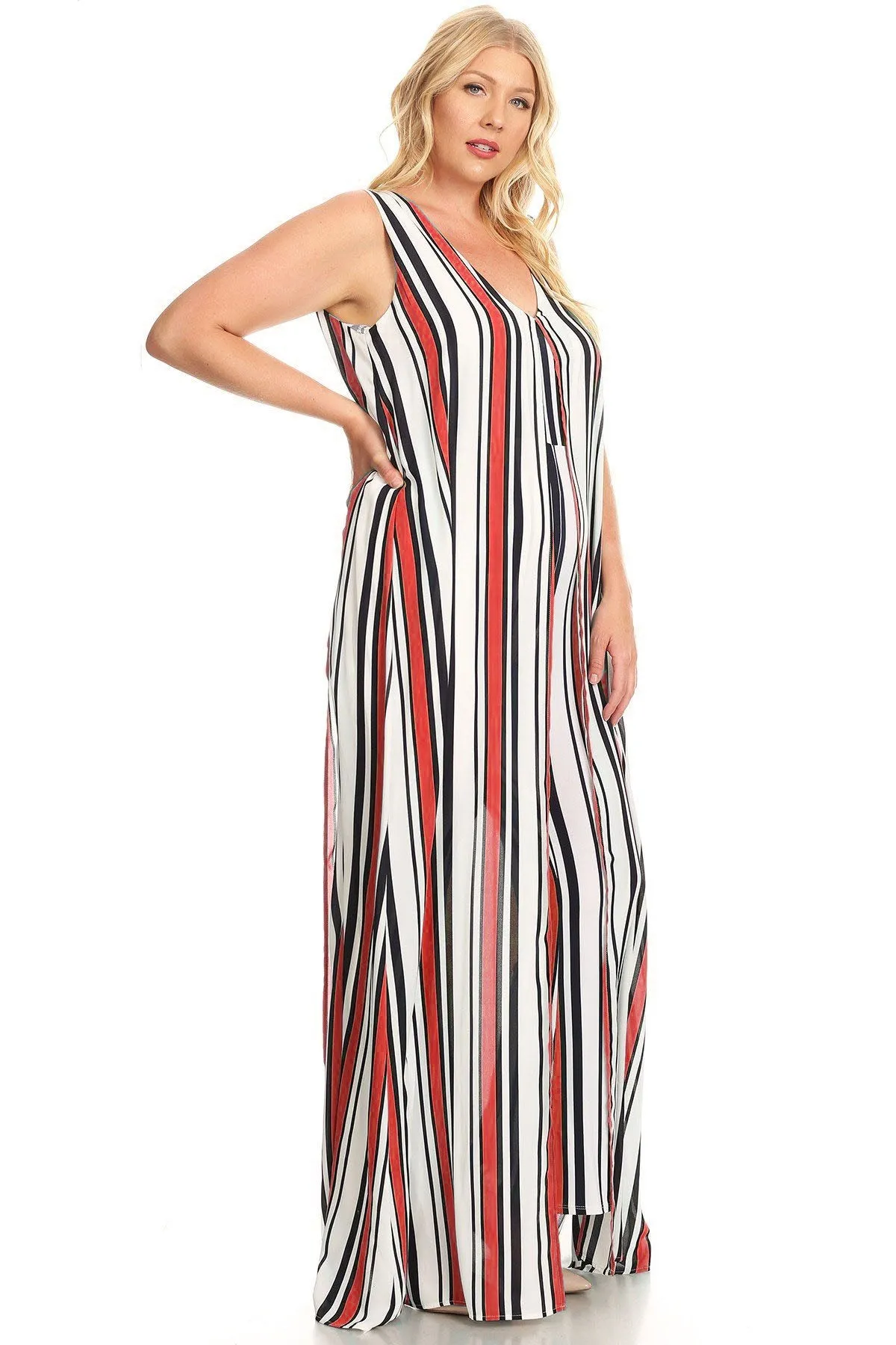 Plus Size Stripe Print Sleeveless Split Layer Caped Jumpsuit