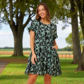 Printed Tiered Dress With Pockets - Sage