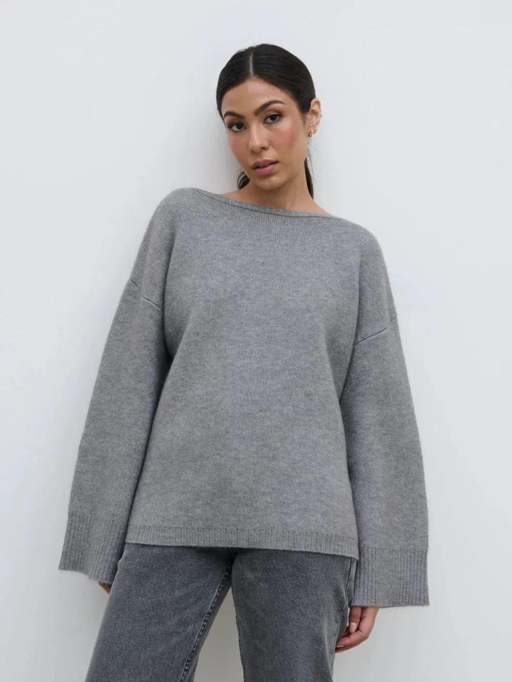 Quinn Slash Neck Knit Jumper - Grey