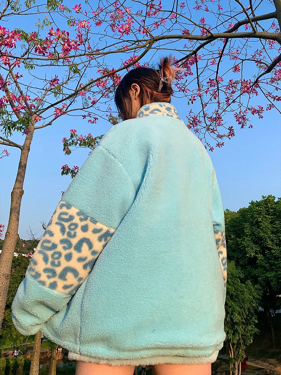 Retro Winter Plush Velvet Leopard Print Pink Blue White Jacket