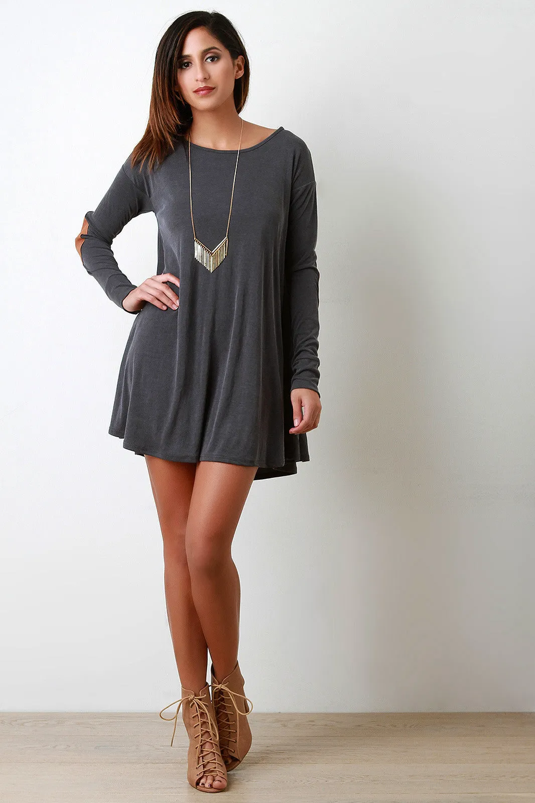 Rib Knit Elbow Patch Long Sleeve Shift Dress