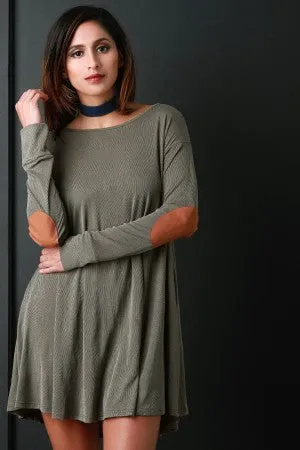 Rib Knit Elbow Patch Long Sleeve Shift Dress