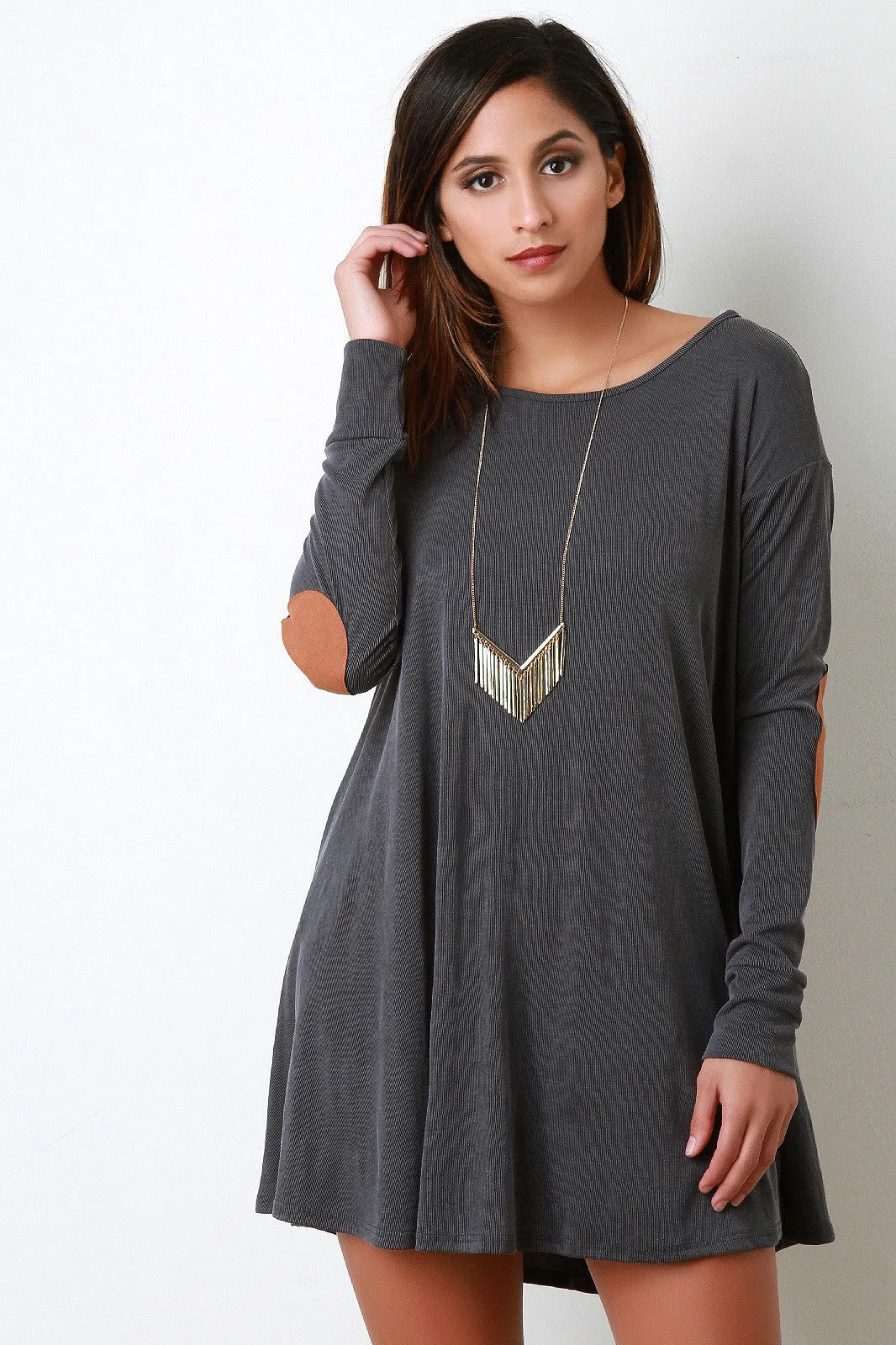 Rib Knit Elbow Patch Long Sleeve Shift Dress