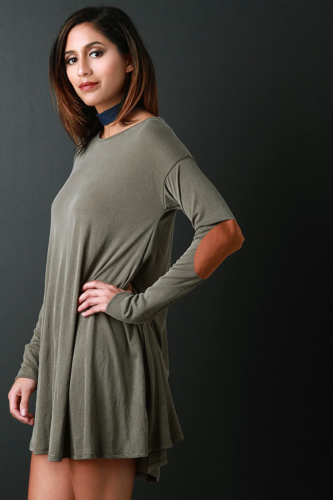 Rib Knit Elbow Patch Long Sleeve Shift Dress