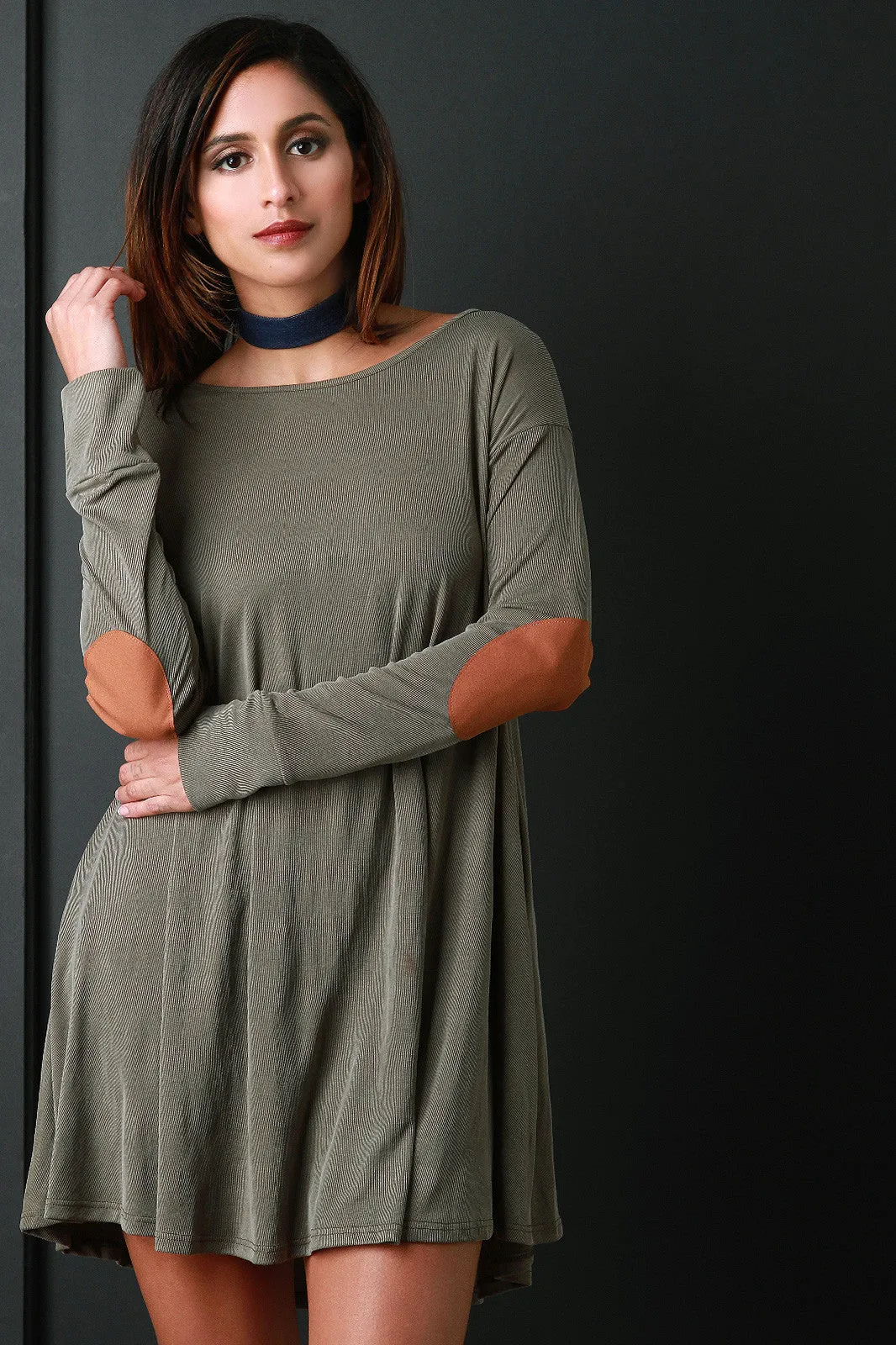 Rib Knit Elbow Patch Long Sleeve Shift Dress