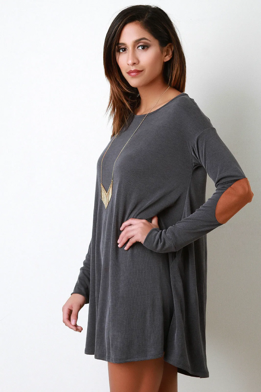 Rib Knit Elbow Patch Long Sleeve Shift Dress