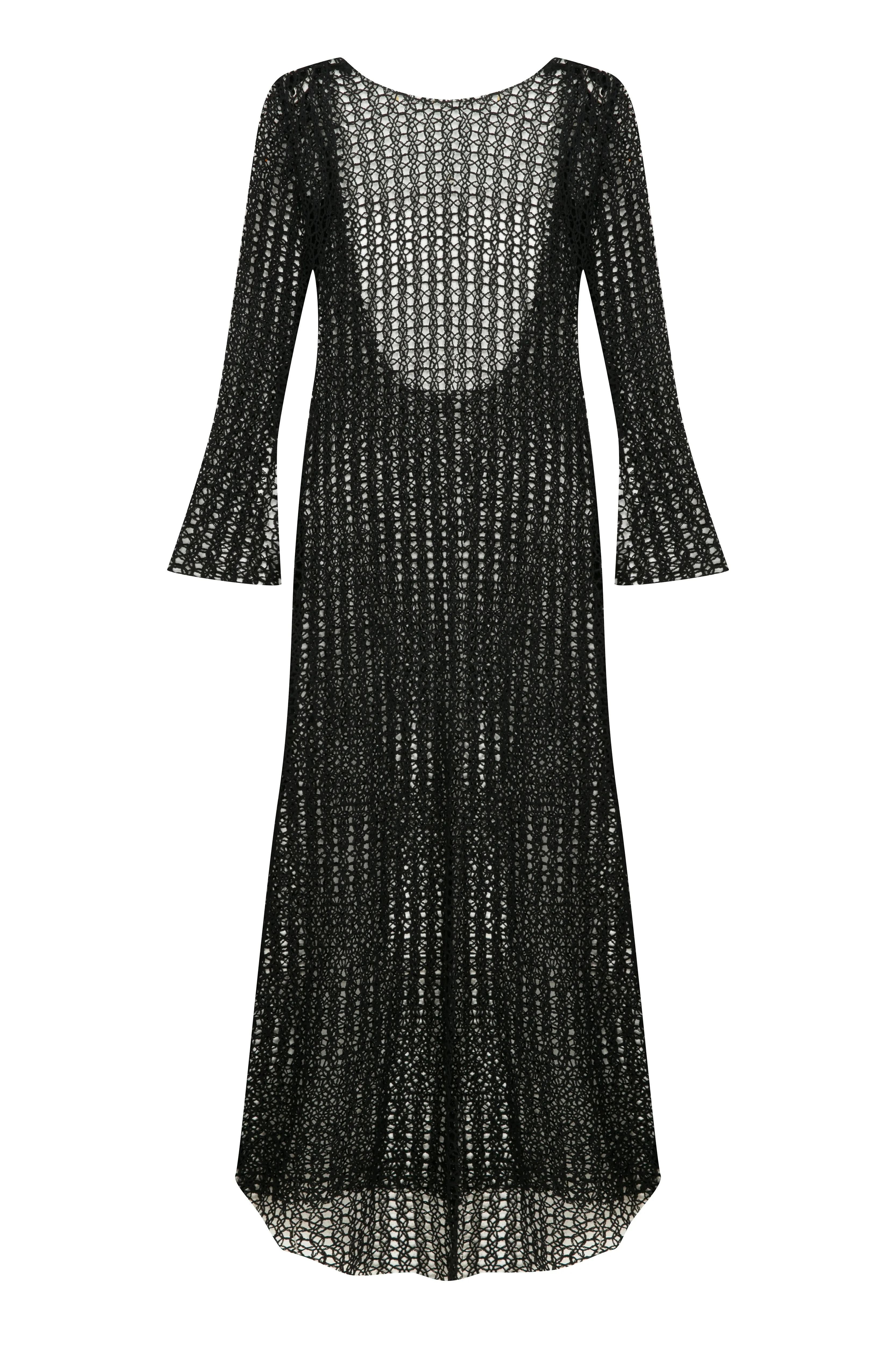 Riona Open-Back Crochet Long Dress in Black