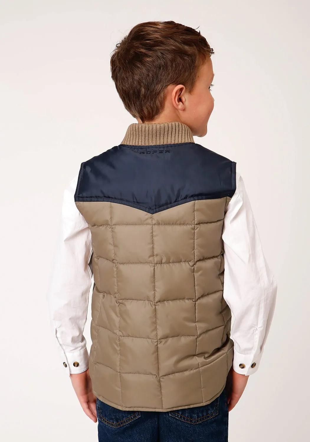 Roper Boys Khaki/Blue Polyester Insulated Western Vest