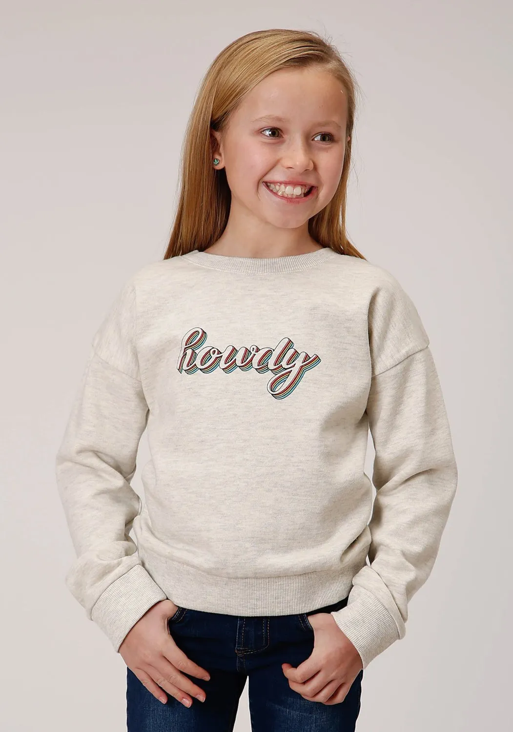 Roper Girls Cream Cotton Blend Howdy Heather Sweatshirt