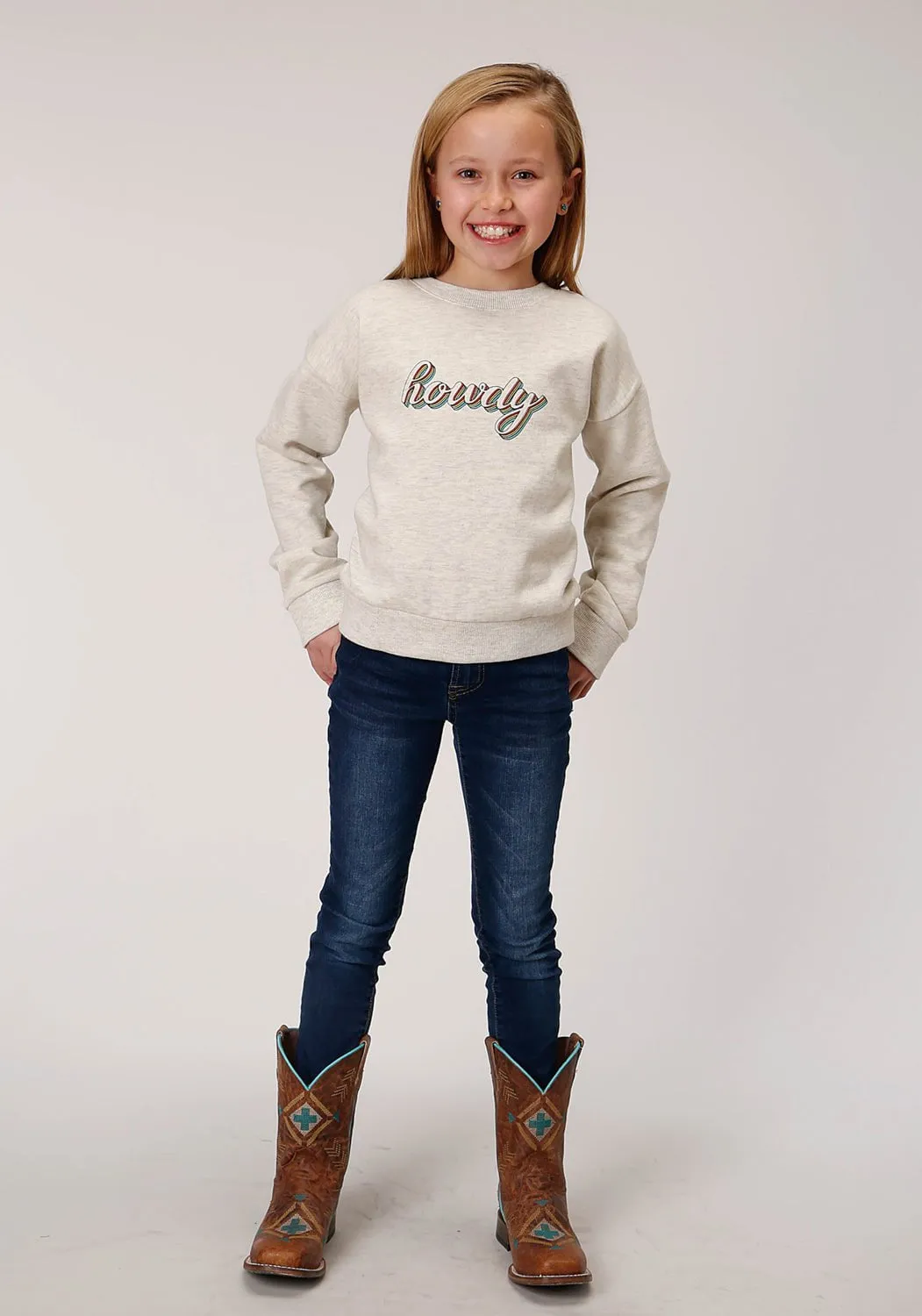 Roper Girls Cream Cotton Blend Howdy Heather Sweatshirt