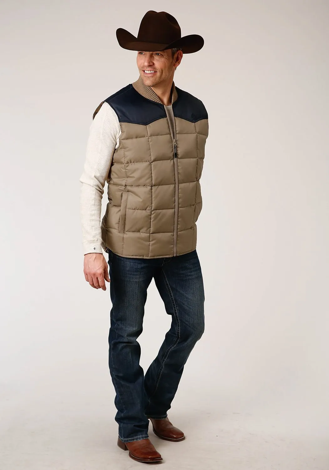 Roper Mens Khaki/Blue Polyester Quilted Insulated Vest