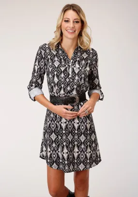 Roper Womens Black Polyester Striking Ikat L/S Dress