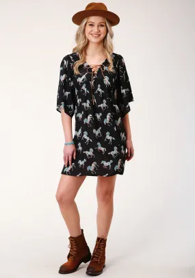 Roper Womens Black Rayon/Nylon Wild Horses S/S Dress